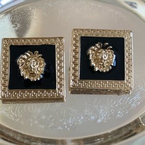 Black & Gold Square Stud Lion Earrings